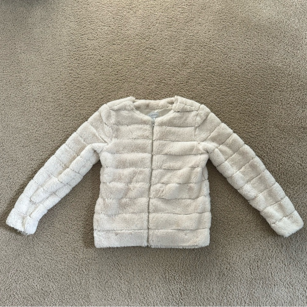 Carmen Marc Valvo White Faux Fur Zip-up Jacket S